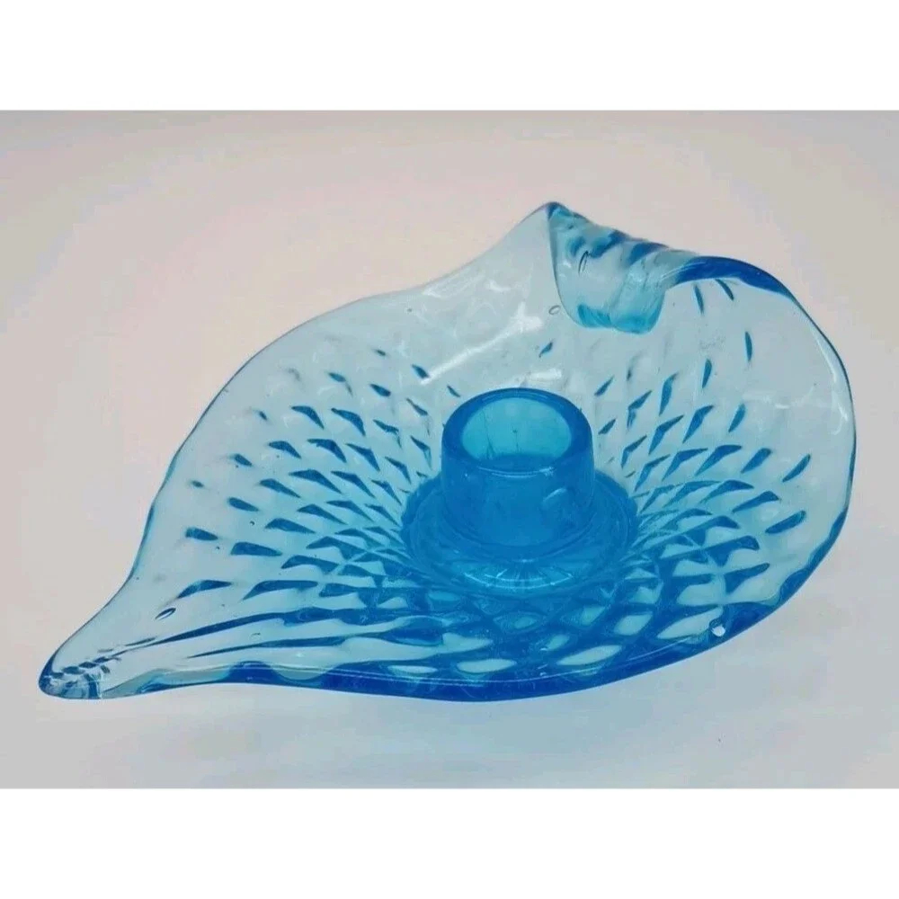 Vtg Turquoise Blue Glass Candleholder Leaf Shaped Diamond Pattern